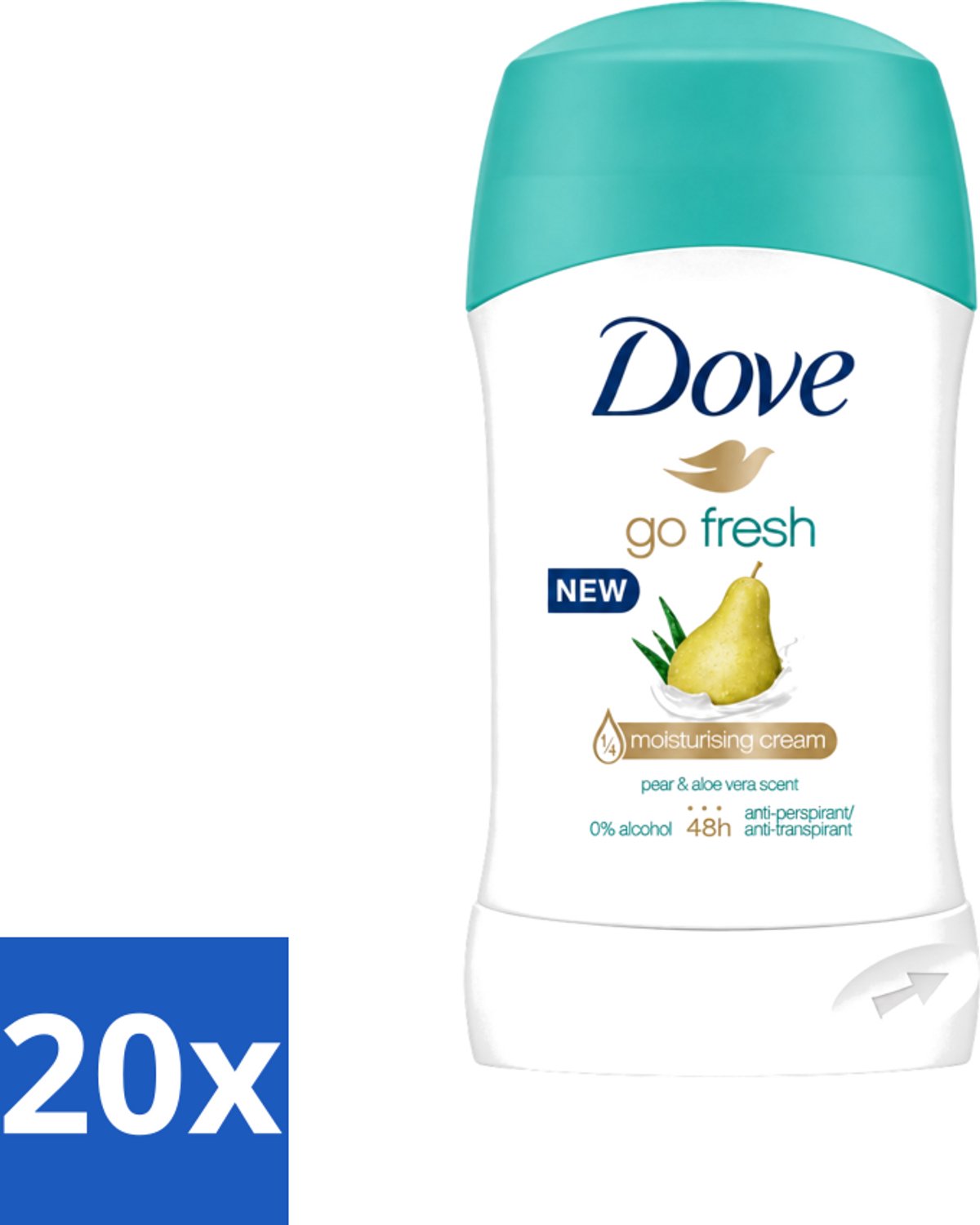 20 x Dove - Deodorant - Stick Go Fresh Pear & Aloe Vera - Frisse geur en bescherming - 40 ml - Voordeelverpakking - 20 stuks