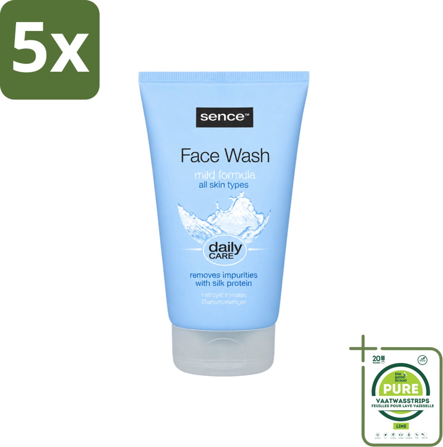 5 x Sence - Alle Huidtypes - Face Wash - Verfrissend - 150 ml - Grootverpakking - Vaatwasstrips - Face Wash - Huid Reinigen - Huid Verzorgen - Huid Verfrissen - Zijdeproteïne