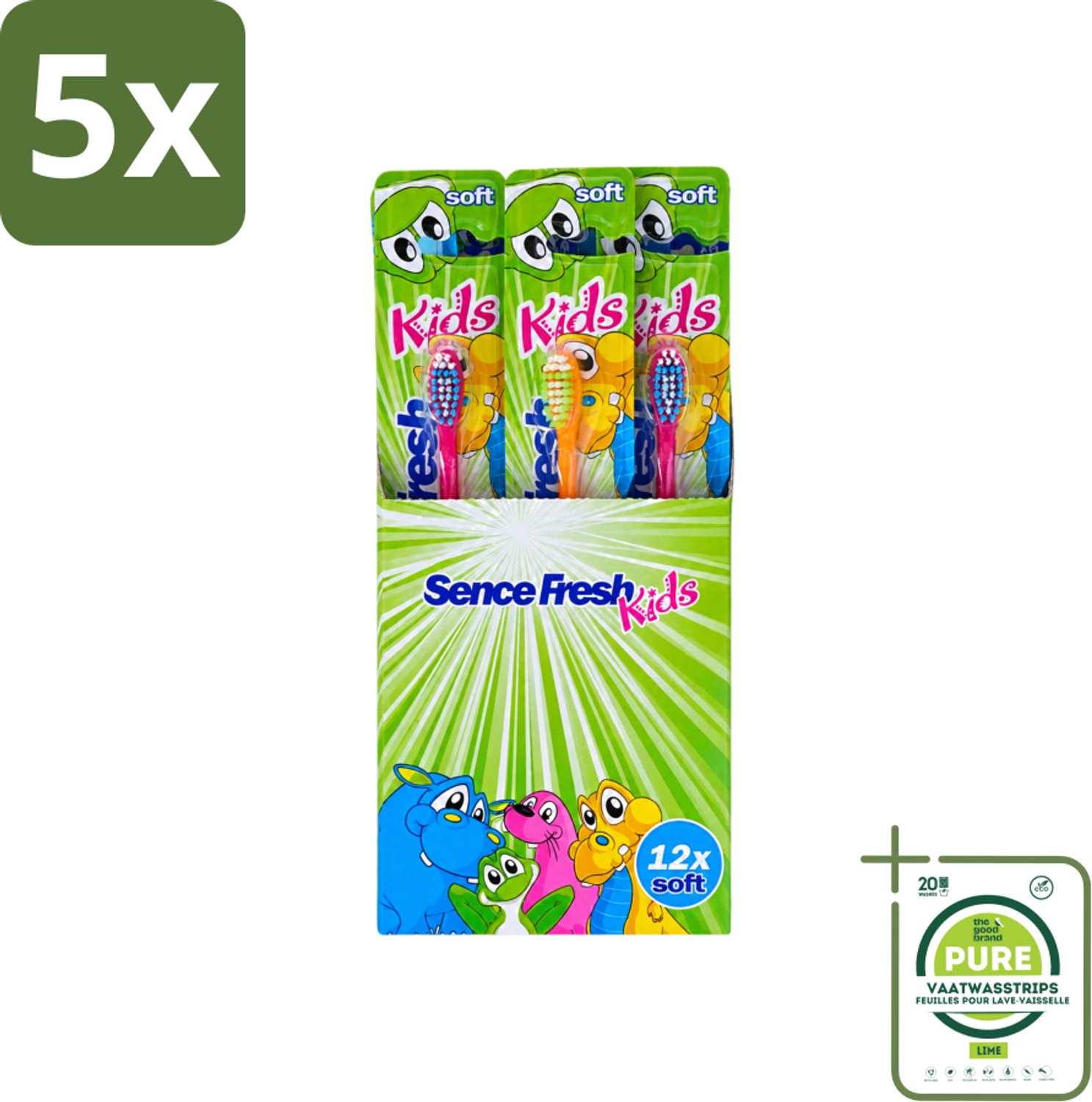5 x Sence - Fresh Kids Soft - Tandenborstels - Zacht - 12 Tandenborstels - Grootverpakking - Vaatwasstrips - Tandenborstel Voor Kinderen - Zachte Tandenborstel - Tandenborstel Voor Jonge Kinderen - Gezonde Mondhygiëne - Kindertandborstel