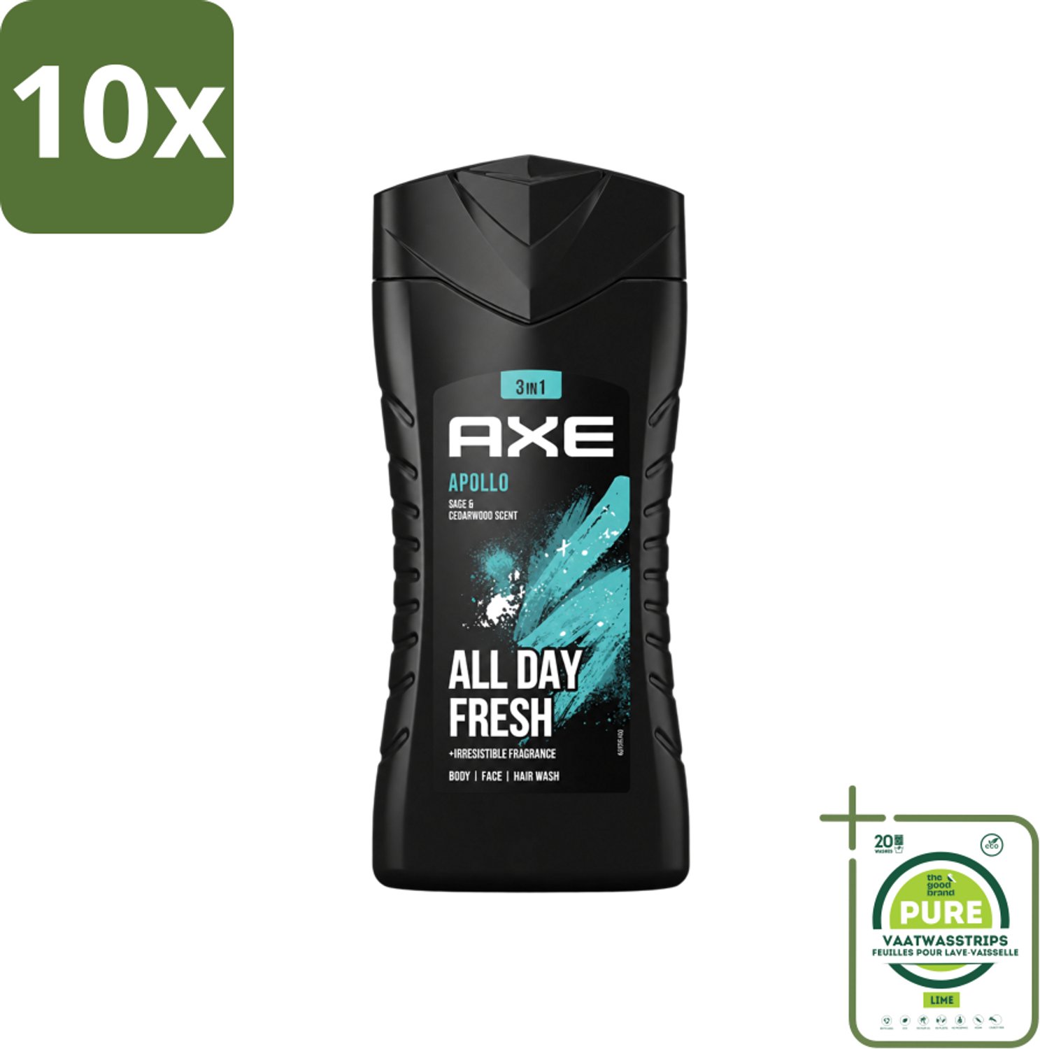 10 x Axe - 3-in-1 Douchegel - Apollo - Sage & Cedarwood - 250 ml - Grootverpakking - Vaatwasstrips - Douchegel - Mannelijke Geur - 3-in-1 - Cederhout - Groen Fruit