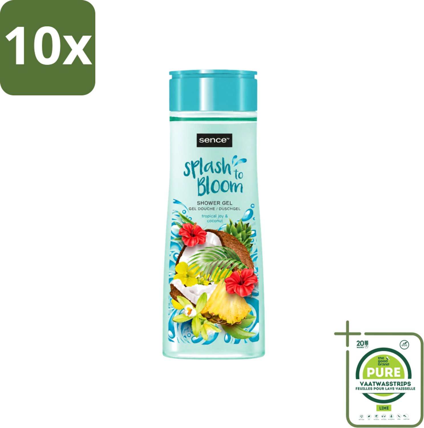 10 x Sence - Tropical Joy & Coconut - Douchegel - Exotisch - 300 ml - Grootverpakking - Vaatwasstrips - Douchegel Kokos - Tropische Geur - Zachte Reiniging - Huid Verzorging - Exotische Geur