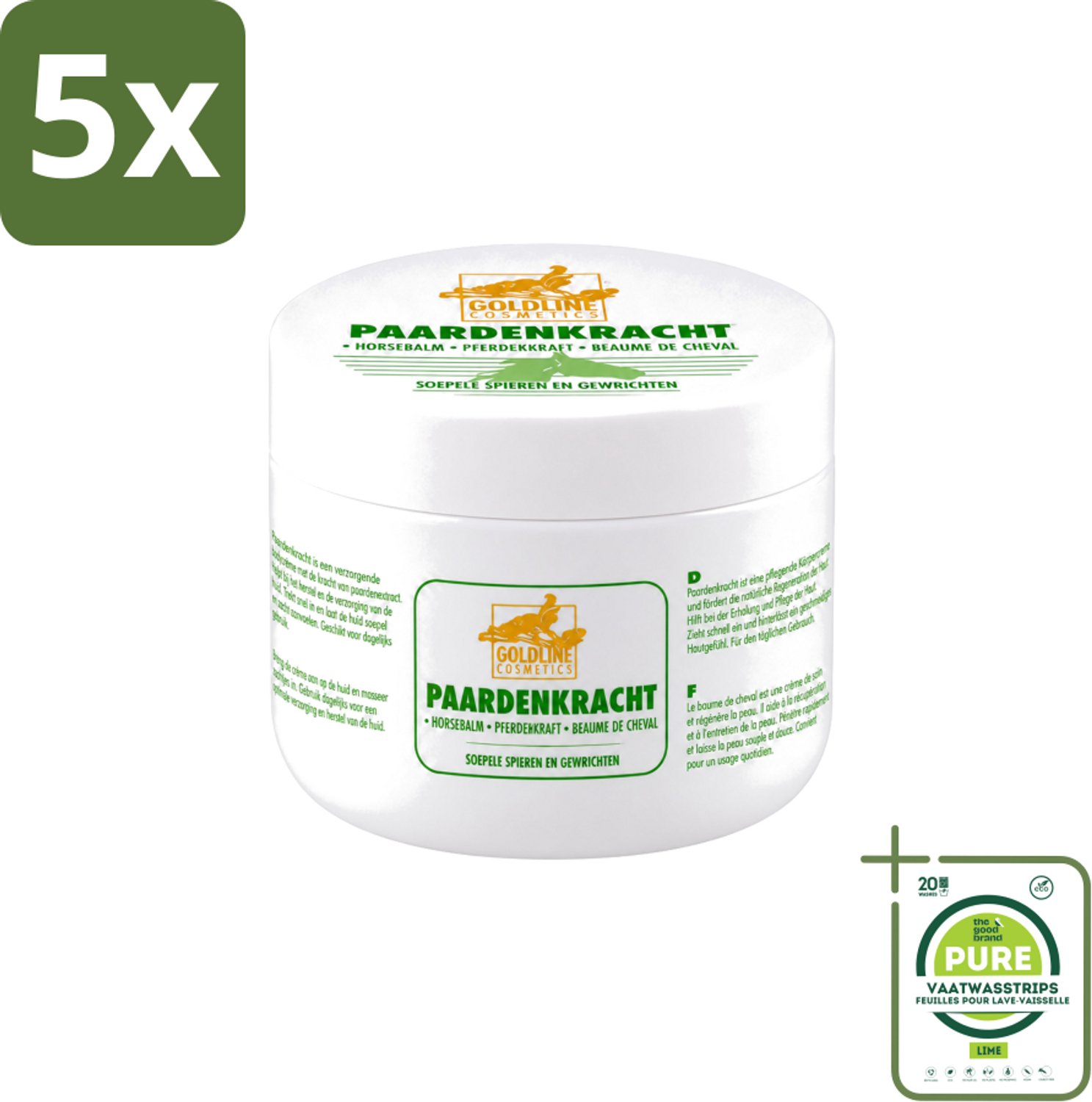 5 x Goldline - Bodycrème - Paardenkracht - Herstel & Verzorging - 250 ml - Grootverpakking - Vaatwasstrips - Paardenkracht Bodycrème - Huid Herstel - Huid Verzorging - Spieren Verzorgen - Gewrichten Verzorgen