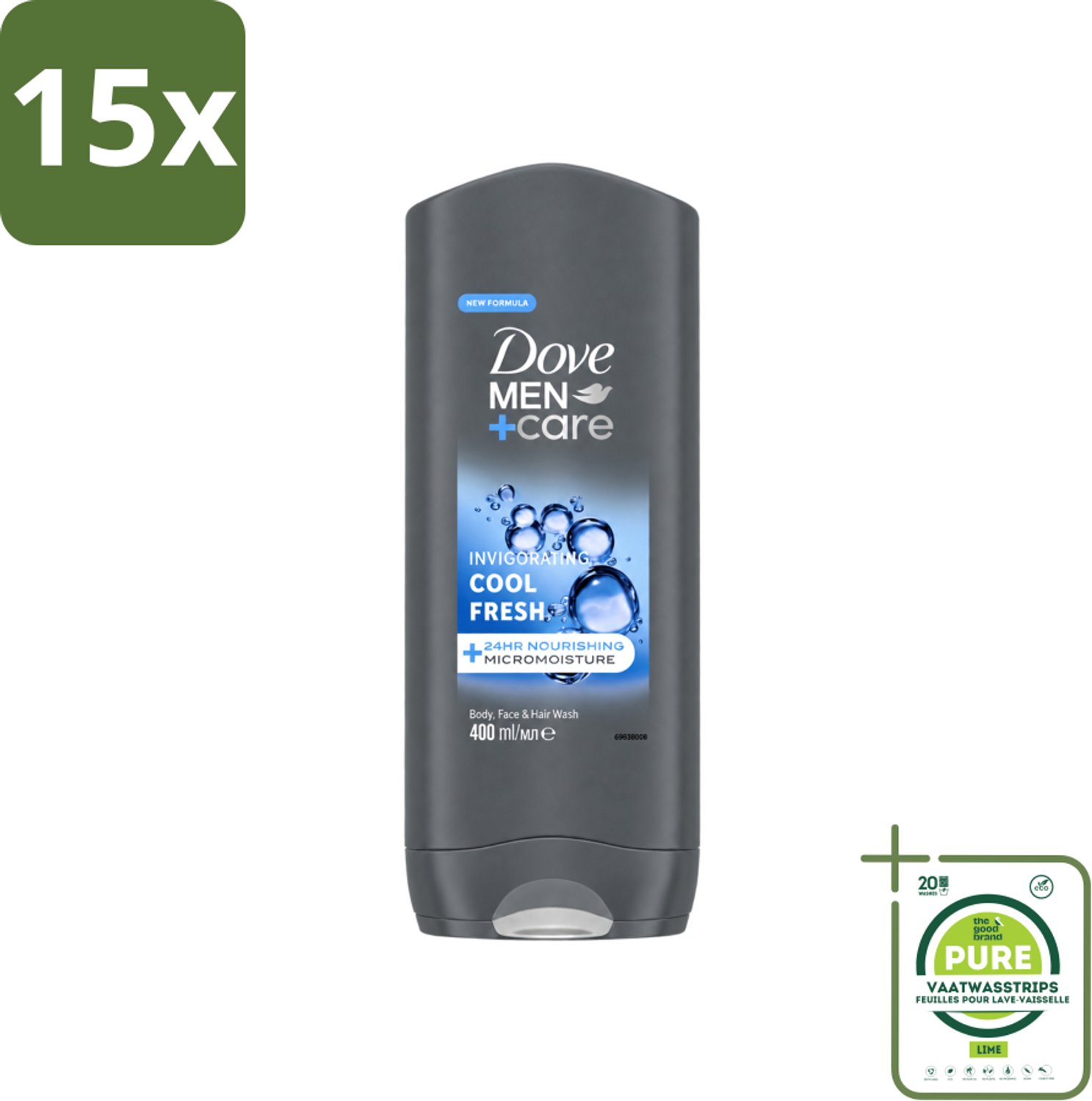 15 x Dove - Douchegel - Men+ Care Cool Fresh - Verfrissend en energiegevend - 400 ml - Grootverpakking - Vaatwasstrips - Douchegel Voor Mannen - Verfrissende Geur - Huid Verzorging - Hydraterende Douchegel - Micromoisture Technologie