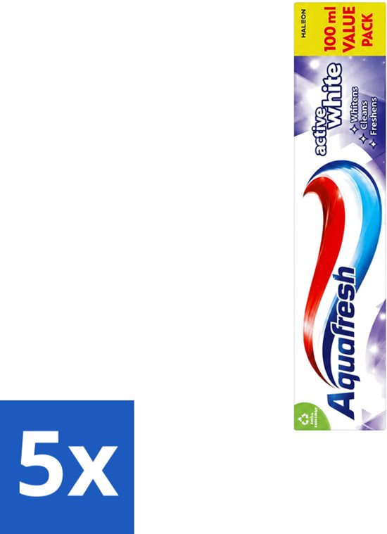 Voordeelverpakking met 5 tubes Aquafresh Active White tandpasta van 100 ml voor witte tanden en een frisse adem.