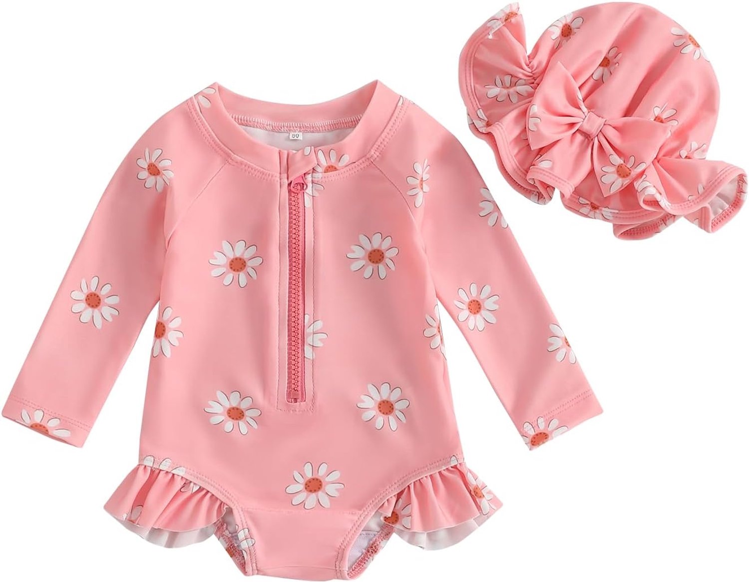 Badpak voor baby's, meisjes, uv-bescherming, bovendeel met ritssluiting en bijpassende muts (6 maanden - 3 jaar)