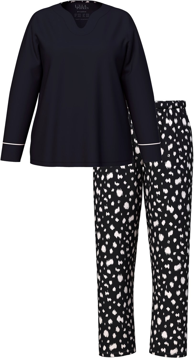 Ulla Popken - Dames - Pyjama slaapmasker dalmatiër hartvormige hals lange mouwen - Zwart - Maat 42+