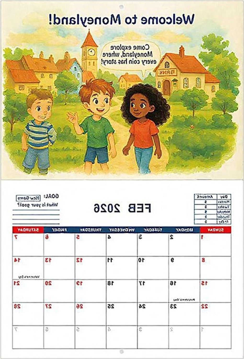 Kinderkalender 2026 - Maandkalender voor kinderen - Geld leren - Kleurrijke illustraties - 28.5 x 21 cm - Meerkleurig