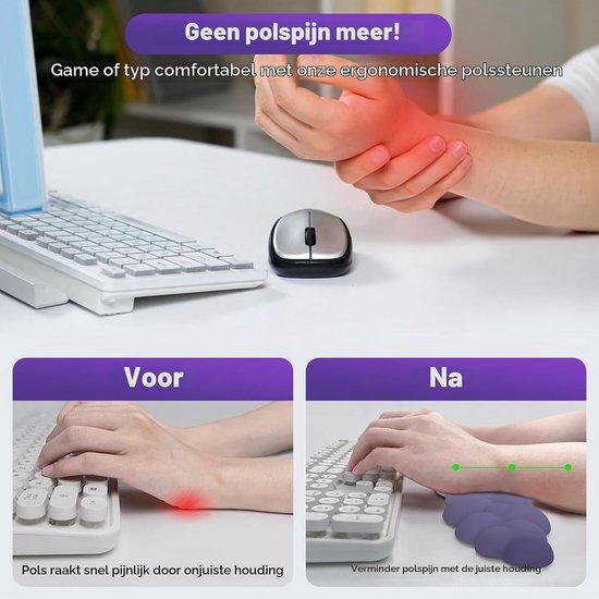 Ergonomische Cloud Polssteun voor Toetsenbord en Muis, Duurzaam Polyester, Ideaal voor Kantoor, Gaming en Computergebruik, Paars — afbeelding 2