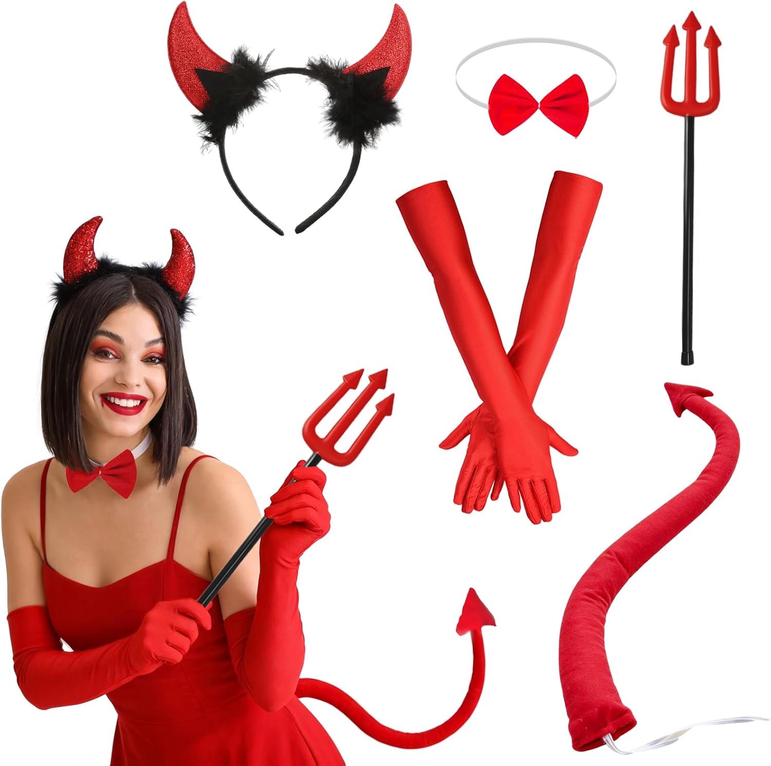 Dames 5-Delige Set, Halloween Duivelshoorns, Drietand, Rode Handschoenen Lang, Vlinderdas & Staart, voor Dames Halloween Carnaval Maskerade Themafeest Cosplay