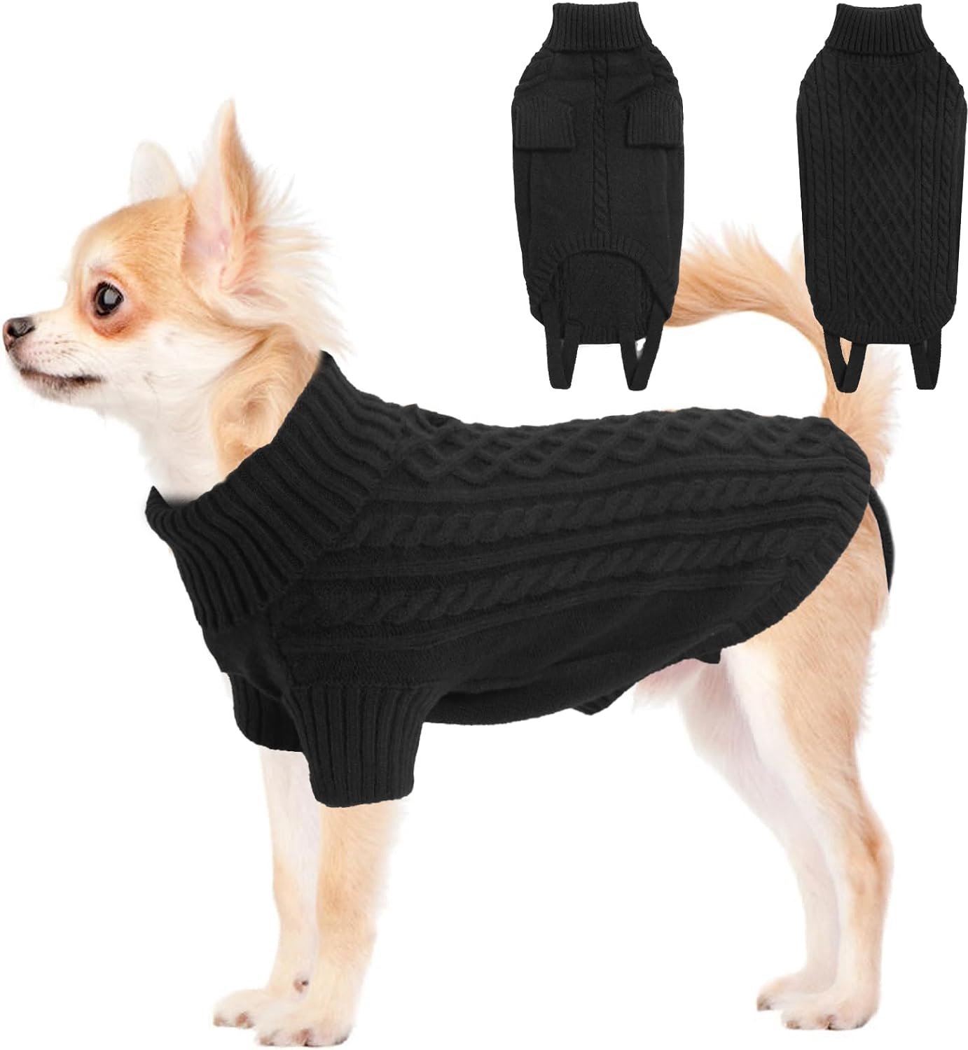 Rolkraag Gebreide Hondentrui met Riemgat, Winter Warme Puppytruien voor Kleine Honden, Koud Weer Gebreide Kleding voor Minpin, Chihuahua, Worst, Yorkshire, Zwart, XS