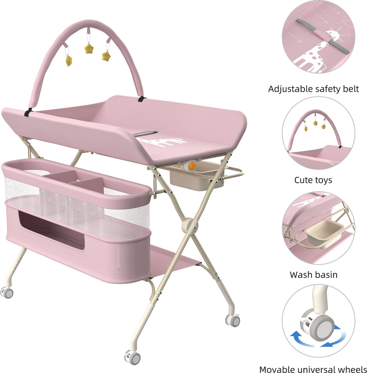 PIPIPOXER Luiertafel opvouwbaar - Verzorgingstafel - Met wielen -met babyspeeltjes, een zijbakje en opbergmand- Vrijstaande Verschoontafe- Zij Caddy - Verstelbare Hoogte - Opvouwbare & Mobiele commode - Roze