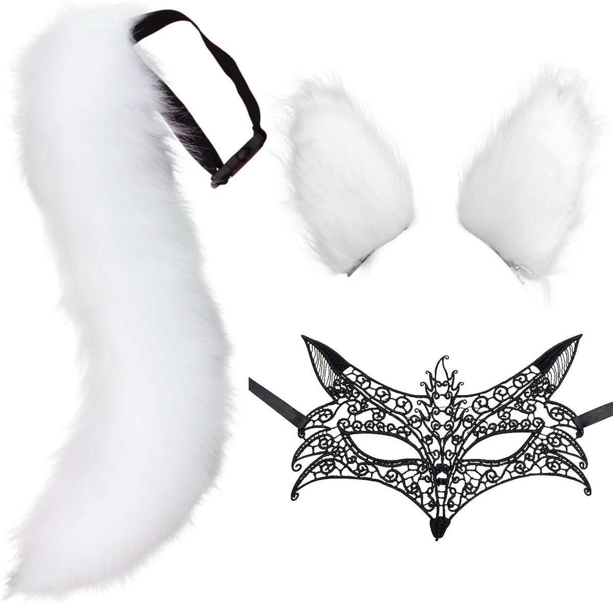 Fake Fur Wolf en Fox Staart, Kat Oren, Kant Masker en Cosplay Kostuum voor Halloween en Feestjes
