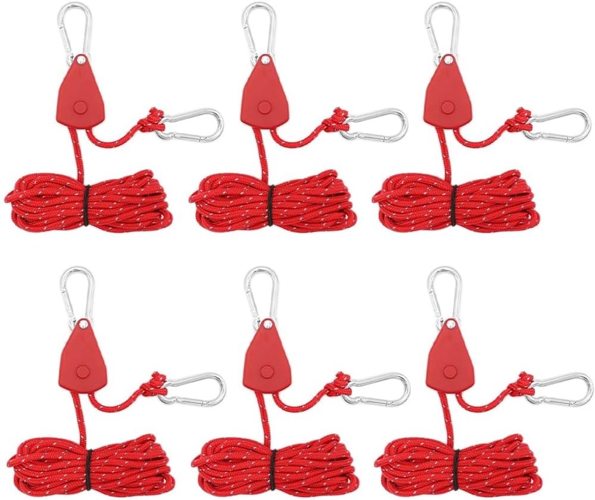 Set van 6 Verstelbare Ratchet Touwen met Haken - 4 m Reflecterend Touw voor Camping, Hiken en Tentgebruik - Diameter 4 mm, Ideaal voor Zeilen en Beschutting