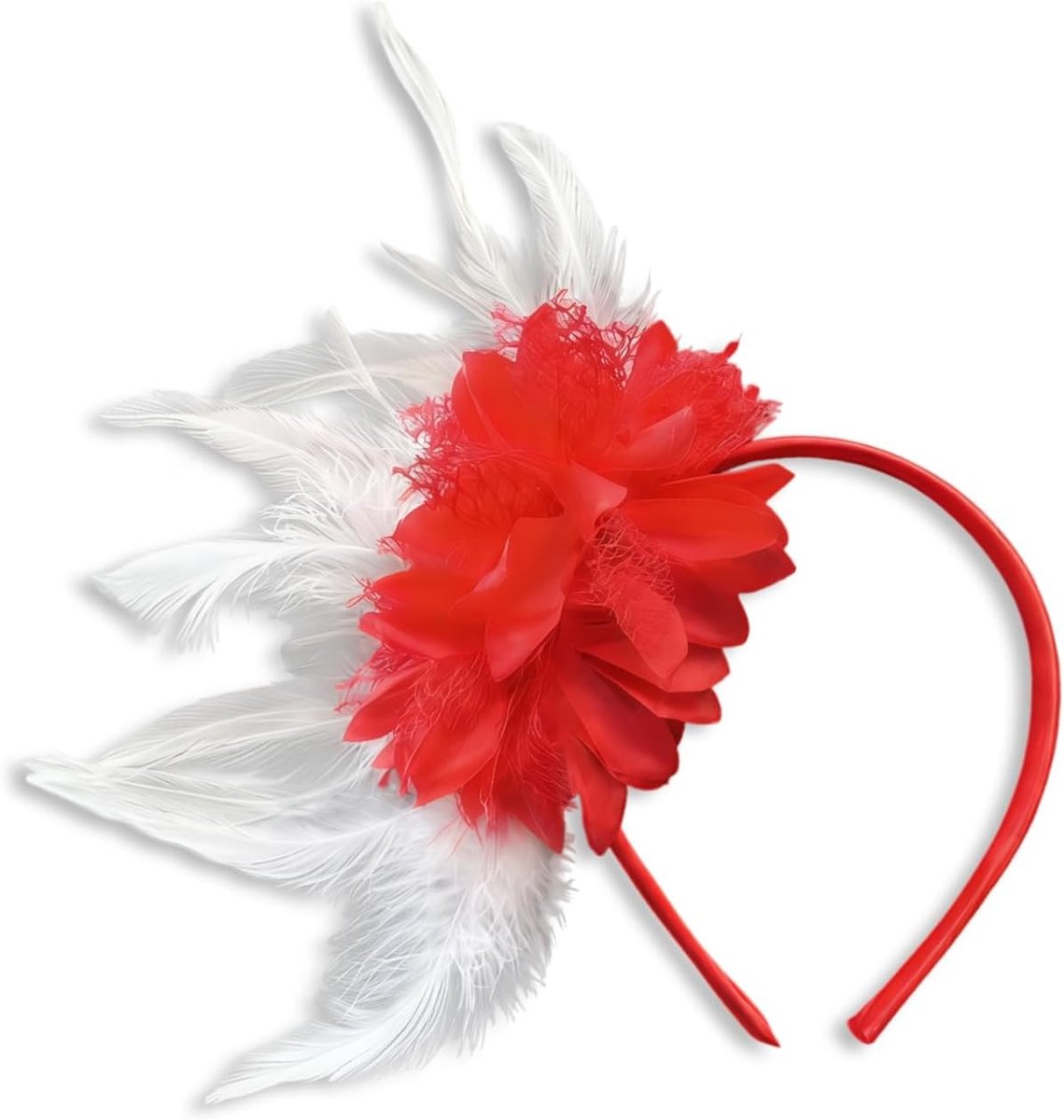 Carnaval Kostuum voor Vrouwen met Rood en Wit, Inclusief Witte Veer Hoofdband en Bloemen Haaraccessoires voor Feestelijke Gelegenheden