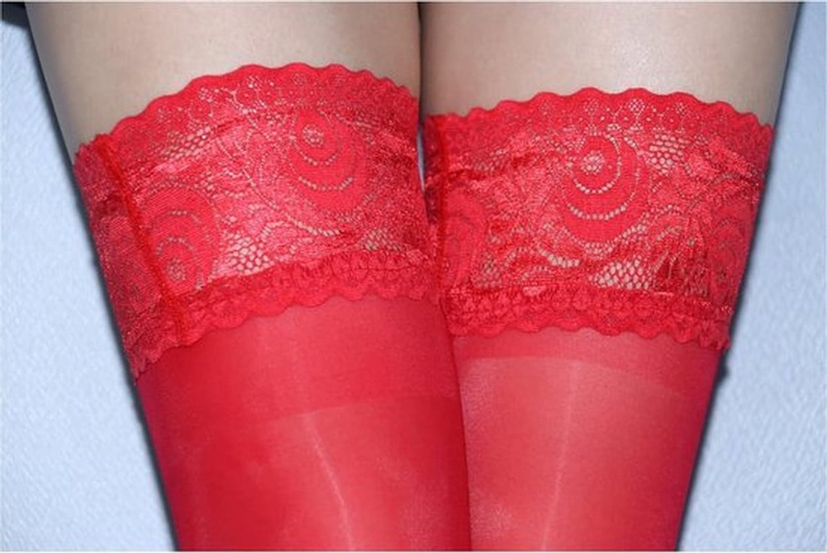 Dijbeen kousen met siliconen kant, glanzend rood - antislip, transparant - 8 denier