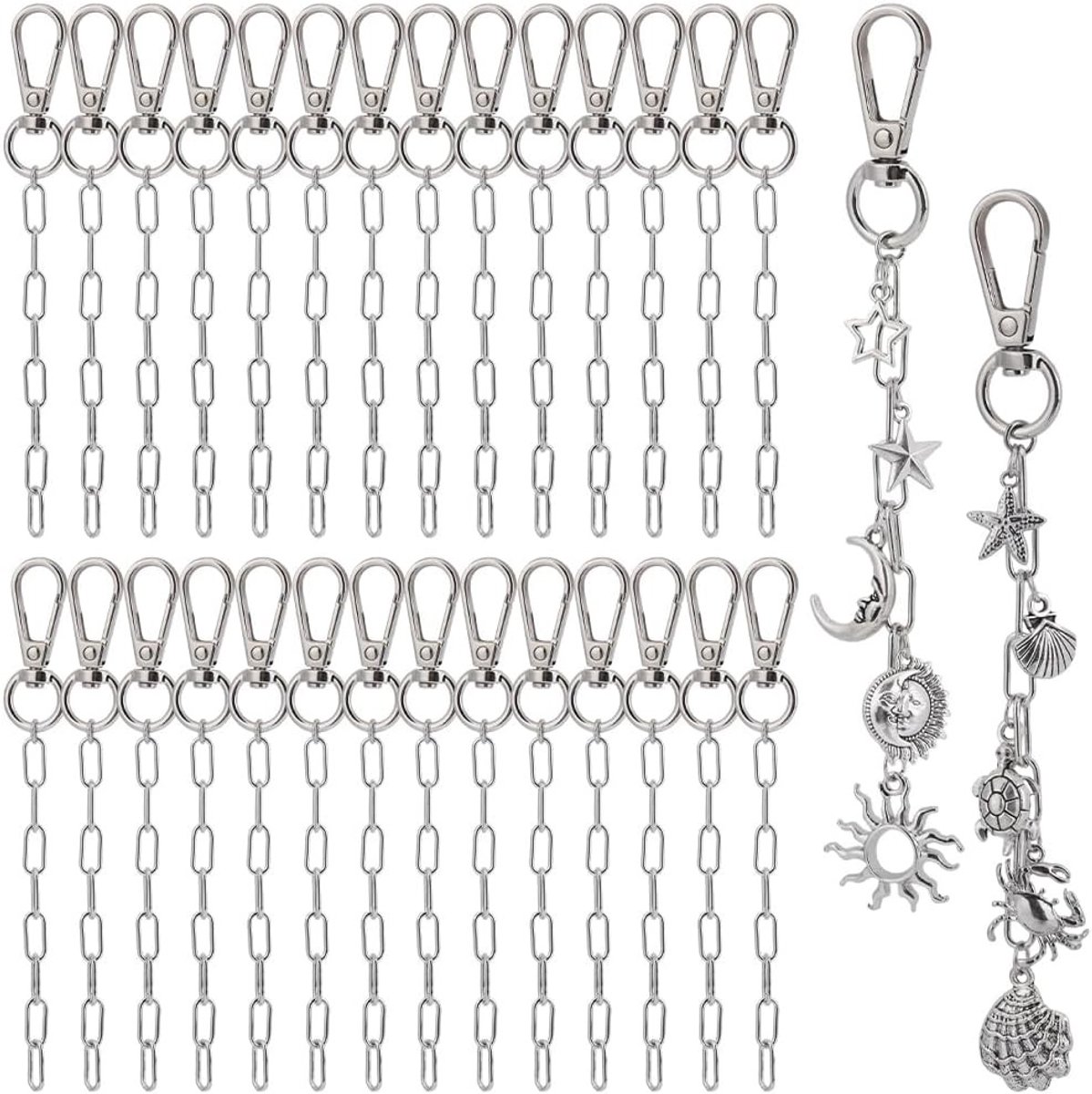 30 Stuks Sleutelhangers van Legering in Zilver met Draaibare Karabijnhaak, Sleuterringen en Verlengketting voor DIY Sieraden en Gepersonaliseerde Sleutelhangers