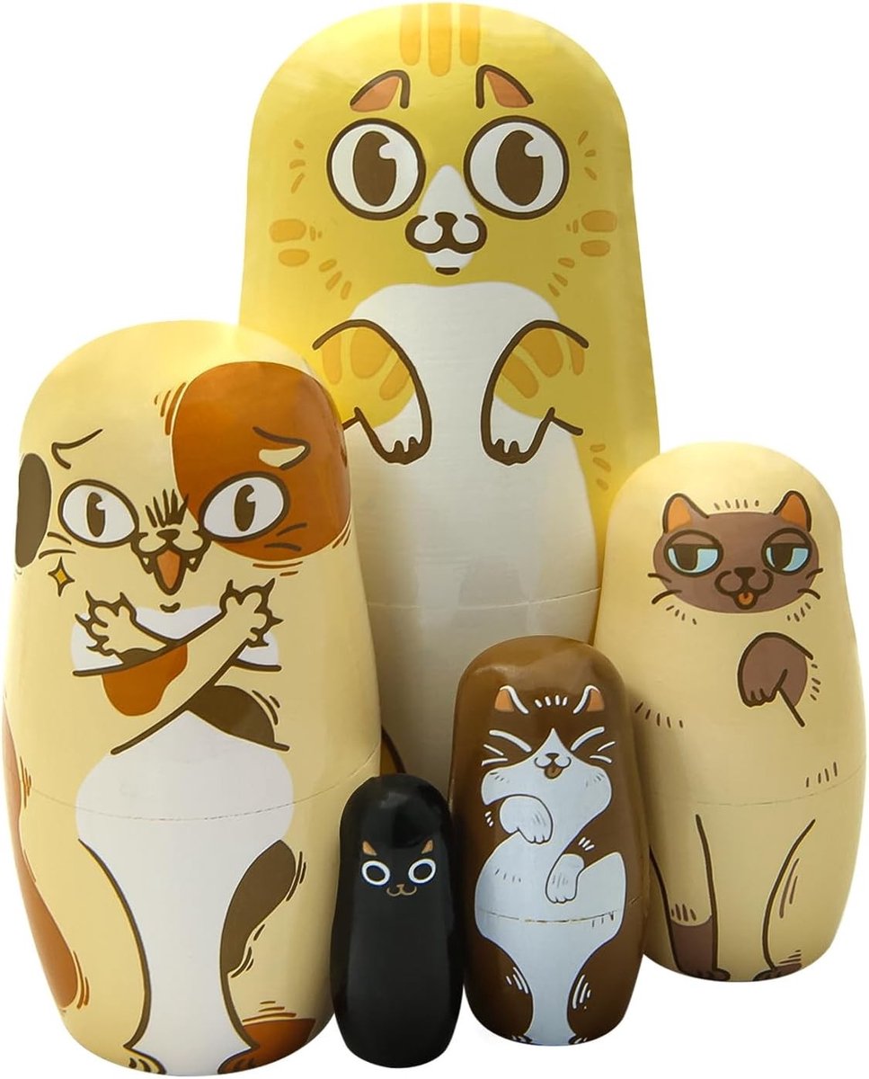 Set van 5 Schattige Dieren Houten Katpoppen - Traditionele Stapelbare Speelgoed voor Kinderen, Perfect als Verjaardagscadeau of Kerstcadeau