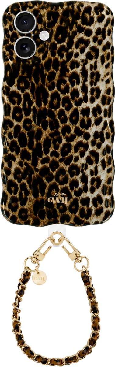 xoxo Wildhearts Glossy Wavy Case Wild Soul - Classic Chain Cord (short) - geschikt voor iPhone 17 - Golvend hoesje met afneembaar telefoonkoord - Glimmende silicone case met golven en kort koord - Vlekbestendig - Luipaard / Tijgerprint