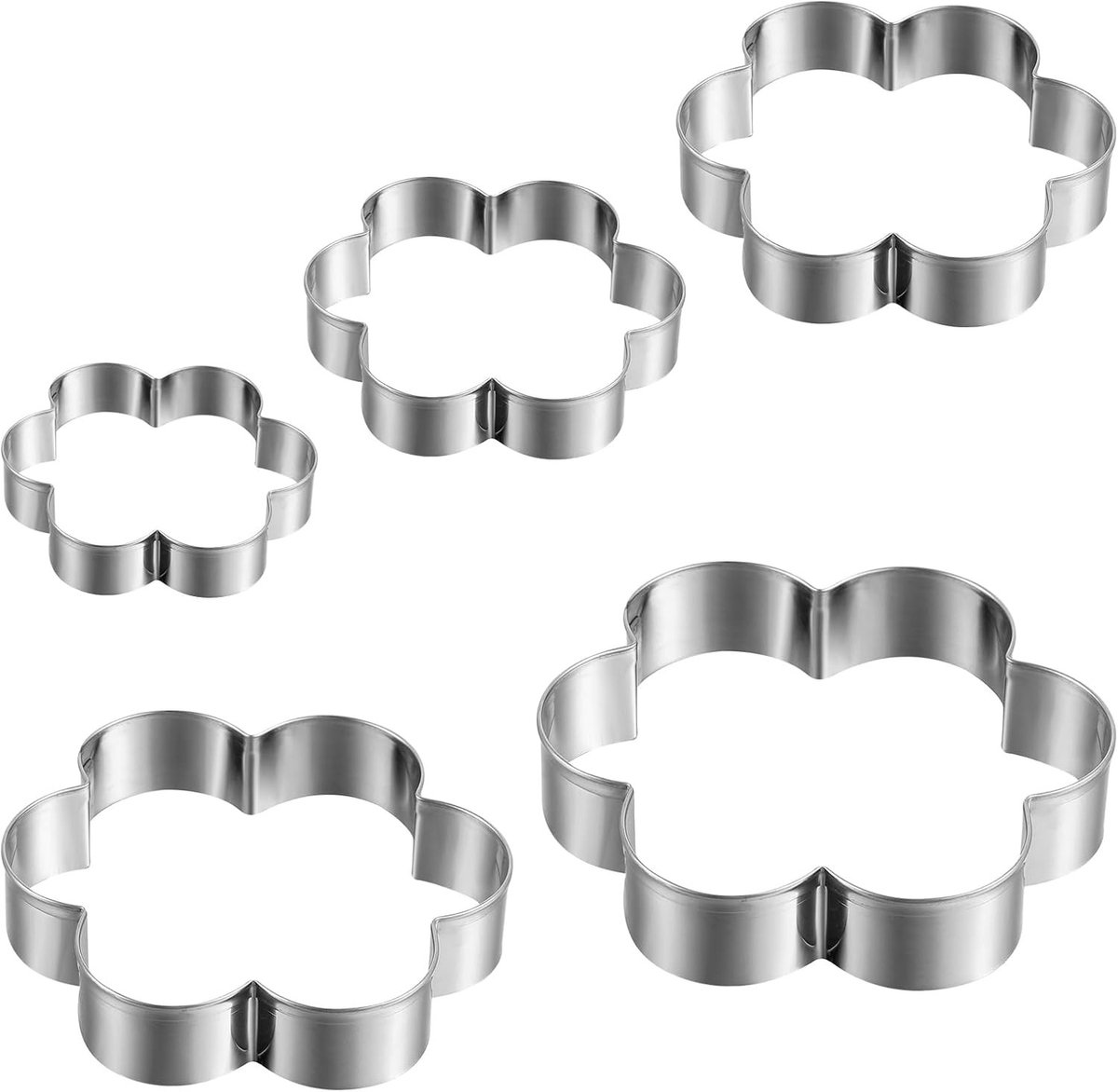 Set van 5 Scallop Flower Koekjesuitsteekvormen van RVS voor Fondant en Bakken met Zes Bloemblaadjes en Golfrandjes