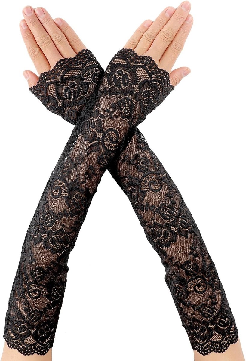 Dames Lange Kant Vingerloze Handschoenen tot de Elleboog - Elegante Floral Accessoires voor 1980s Kostuums, Feest en Cosplay