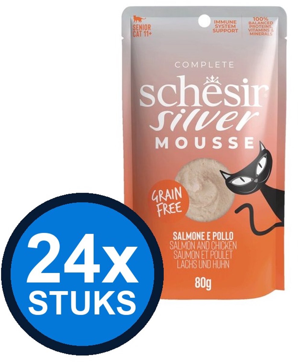 24x Schesir Silver Senior Mousse - Zalm & Kip - Kattenvoer Natvoer - 80g