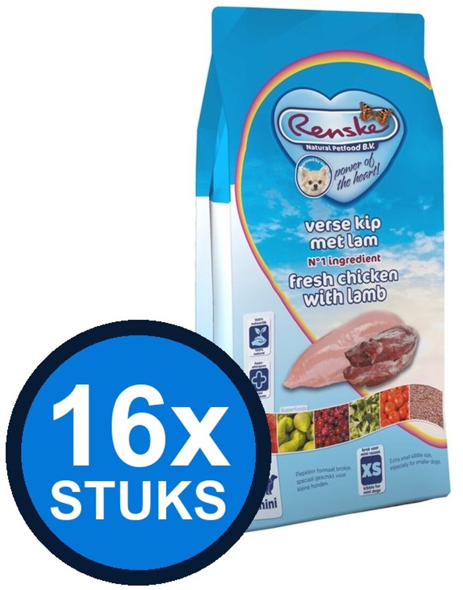 16x Renske Super Premium droog hond adult mini kip&lam 600gr