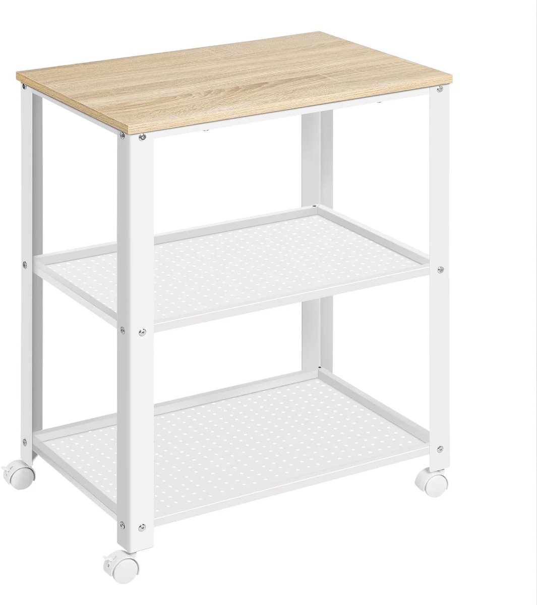 Klarven® Keukenkarretje Op Wielen - Wit Licht Eiken - 3 Etages, Draagvermogen 30 kg - Met Rem - B 60 x D 40 x H 76 cm