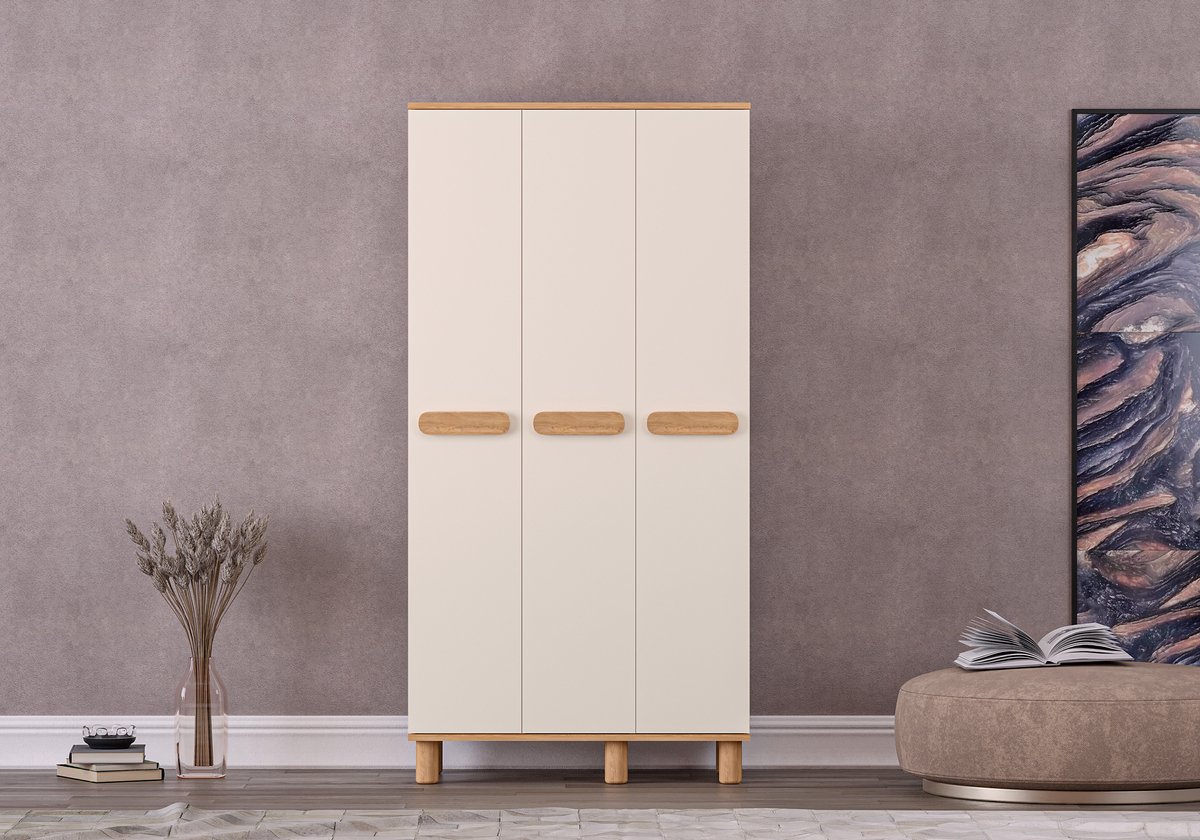 MILA KLEDINGKAST MET 3 DEUREN – CRÈME EIKEN – Garderobekast – Opbergkast – Slaapkamerkast – Kledingopberger – Kast met Deuren – Ruime Opbergruimte – Moderne Kast – Kledingkast met Planken – Opbergmeubel – Grote Kledingkast – Slaapkamermeubel