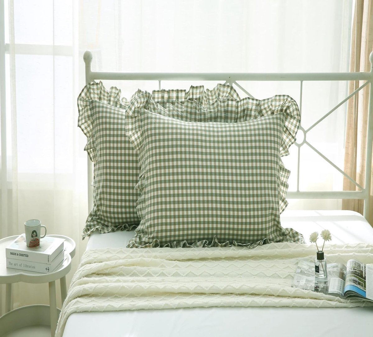 Saliegroen-wit geruite kussenslopen met ruches, 40 x 40 cm, set van 2, 100% katoen, landelijke stijl, voor - ShopVlot