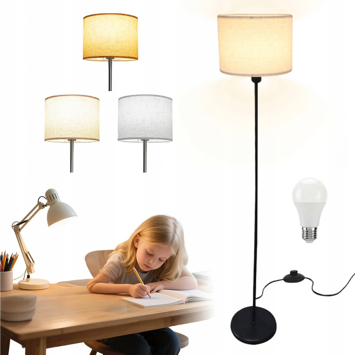 156 cm Vloerlamp met Linnen Kap - Staande Lamp Woonkamer - Nachtlampje - 3 Kleurtemperaturen - Voetpedaal - Zacht Licht - E27 - 9W - Leeslamp - Lees & Sfeer - Voor Slaapkamer & Woonkamer & Studeerkamer