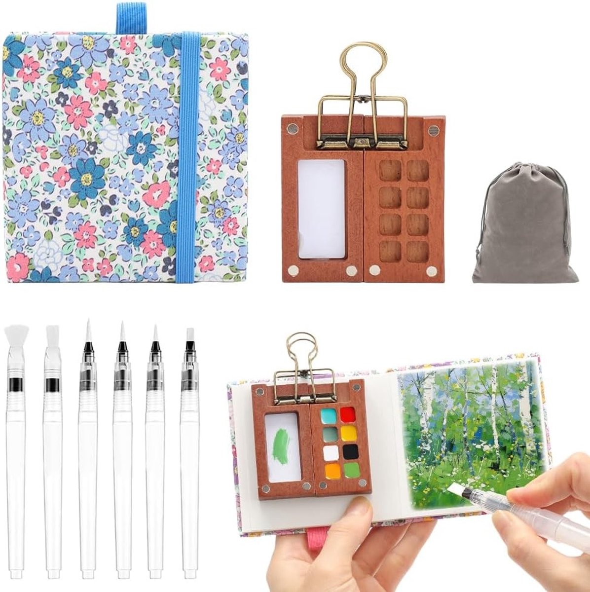 Draagbare aquarelset met houten palet, schetsboek, 6 waterreservoirkwasten en opbergtas, perfect voor reizen, buiten schilderen en beginners