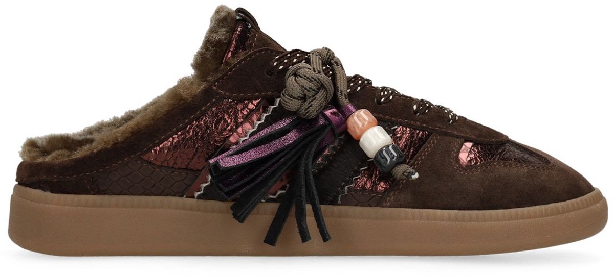 Manfield - Dames - Donkerbruine leren instap sneakers met voering - Maat 36