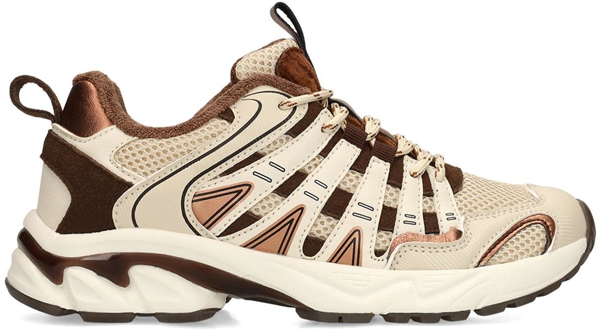 Manfield - Dames - Beige mesh sneakers met bruine details - Maat 41