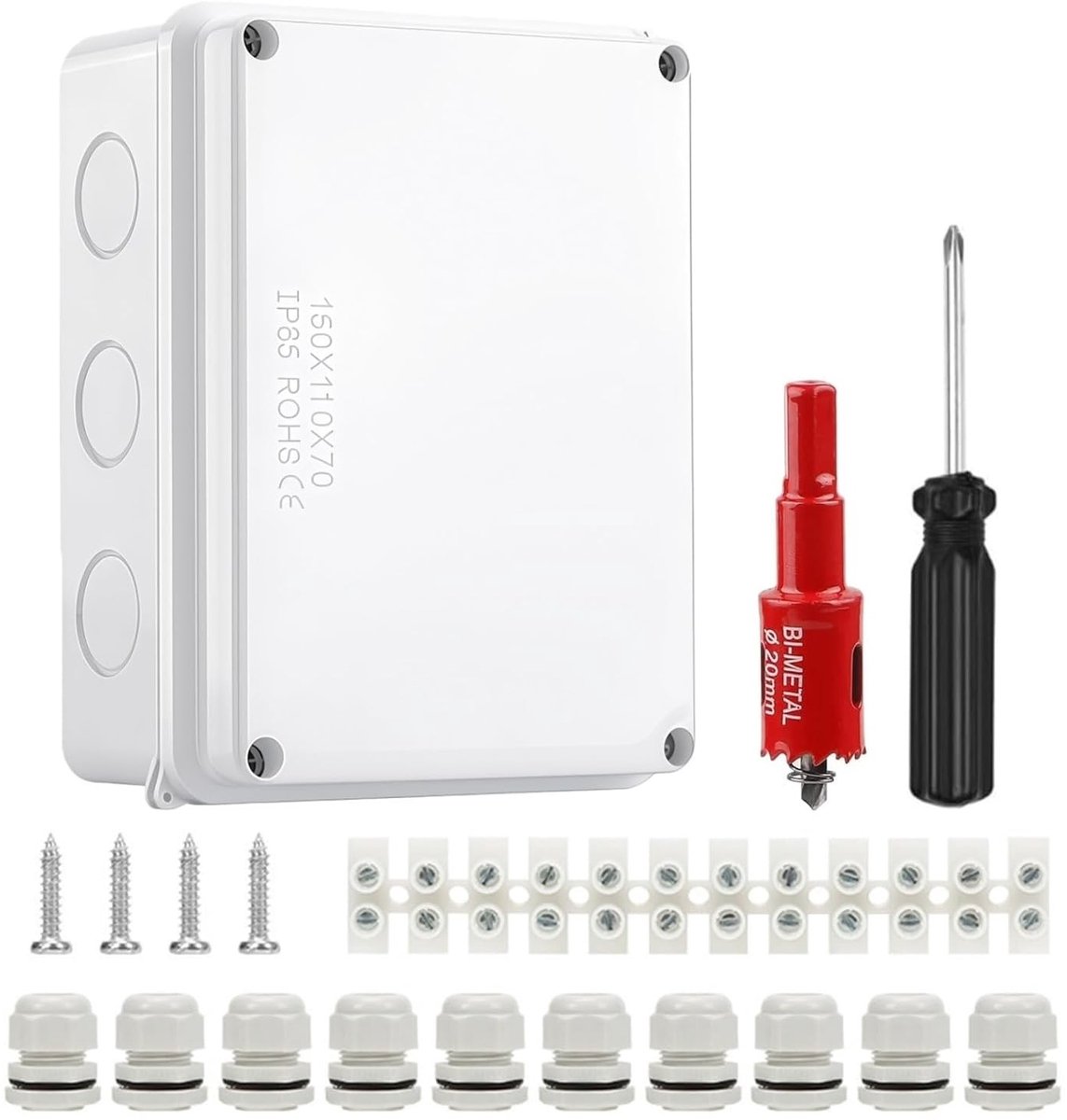 Waterdichte aansluitdoos IP65 voor elektrische projecten, inclusief M20 plug, boor en schroevendraaier, 12-positie klem en meer accessoires