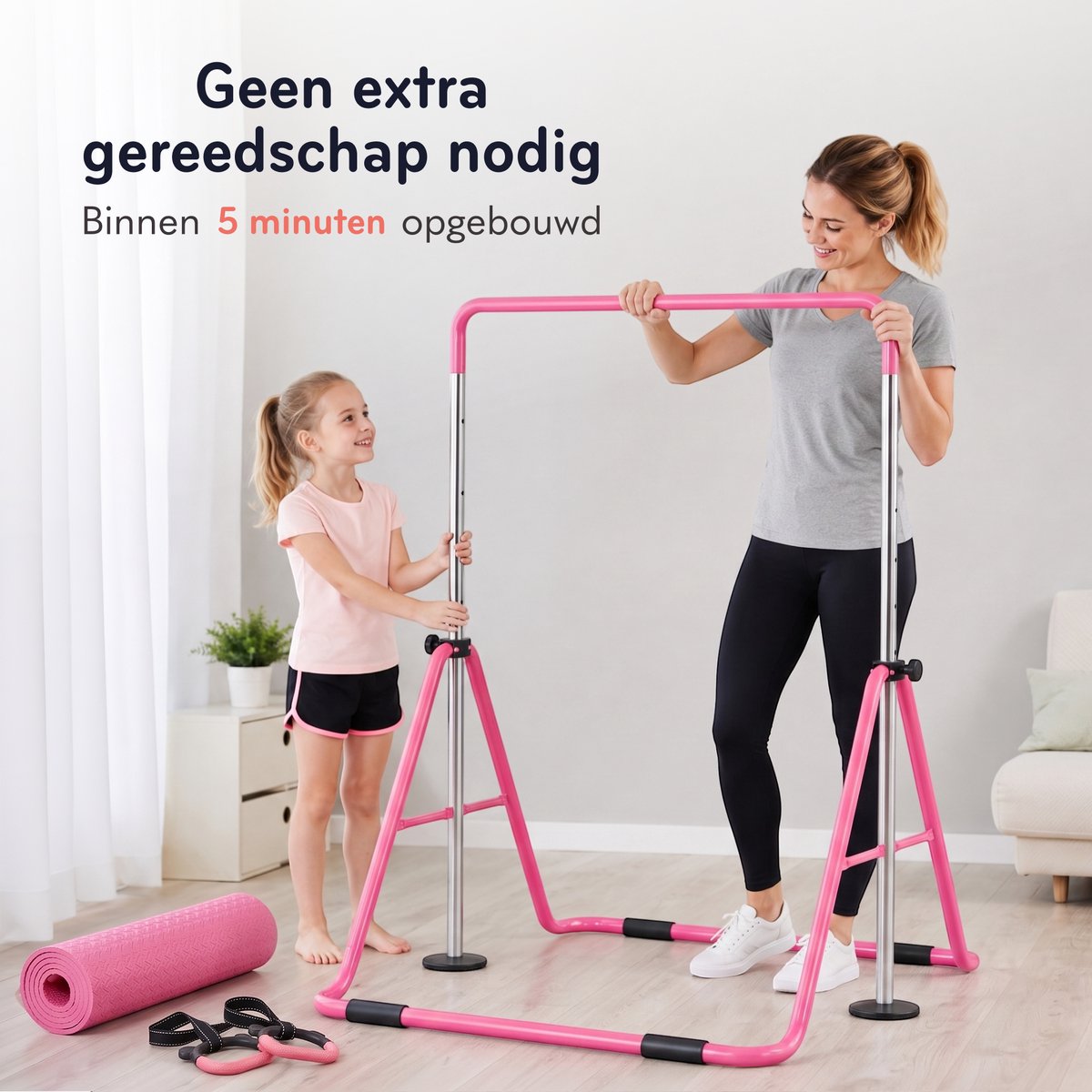 Jespro Inklapbaar Turnrek - Incl. Beschermmat en Ringen - Klimrek - Verstelbaar in 4 hoogtes - Rekstok - Duikelrek - Kinderen - Peuter - Voor buiten en binnen - Klimboog - Roze — afbeelding 9