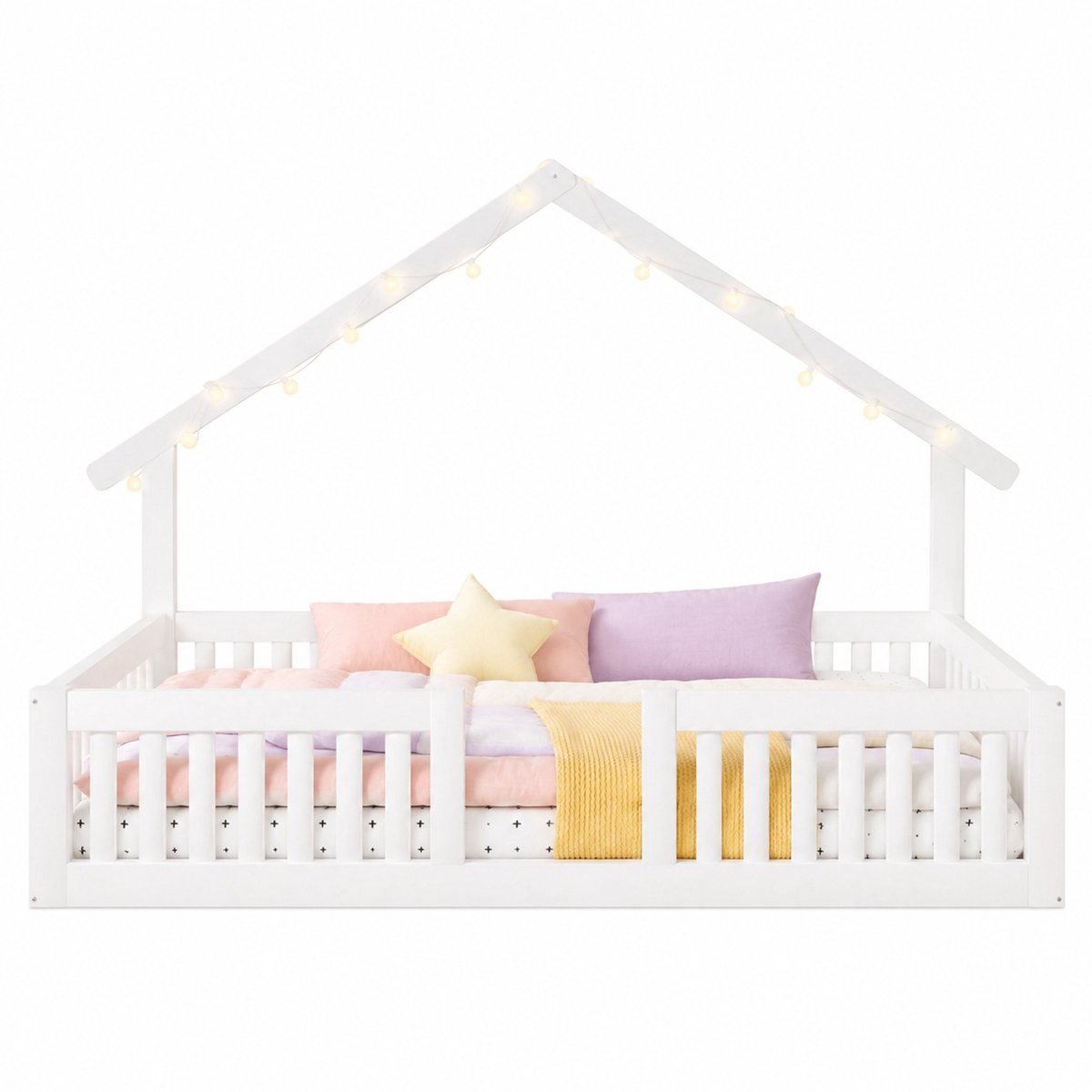 WUVRIE Huisbed 90x200 cm met veiligheidshekje en LED-lichtslinger, kinderbed voor kinderkamer, wit