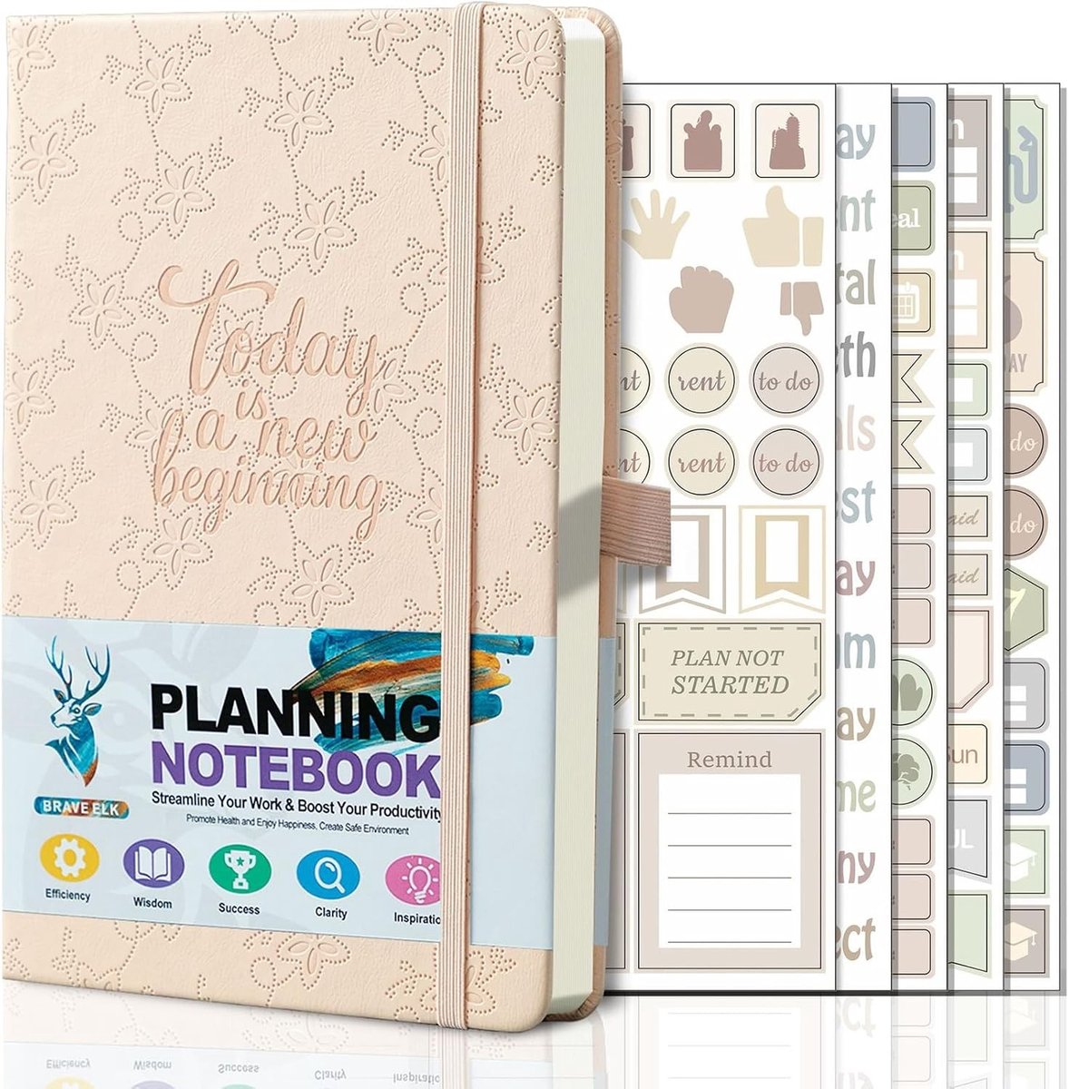 Dagelijkse planner notitieboek met kunstleren hoes, stickers, takenlijst, doelen en maaltijdplan - 14,8 x 21,2 cm in diverse kleuren