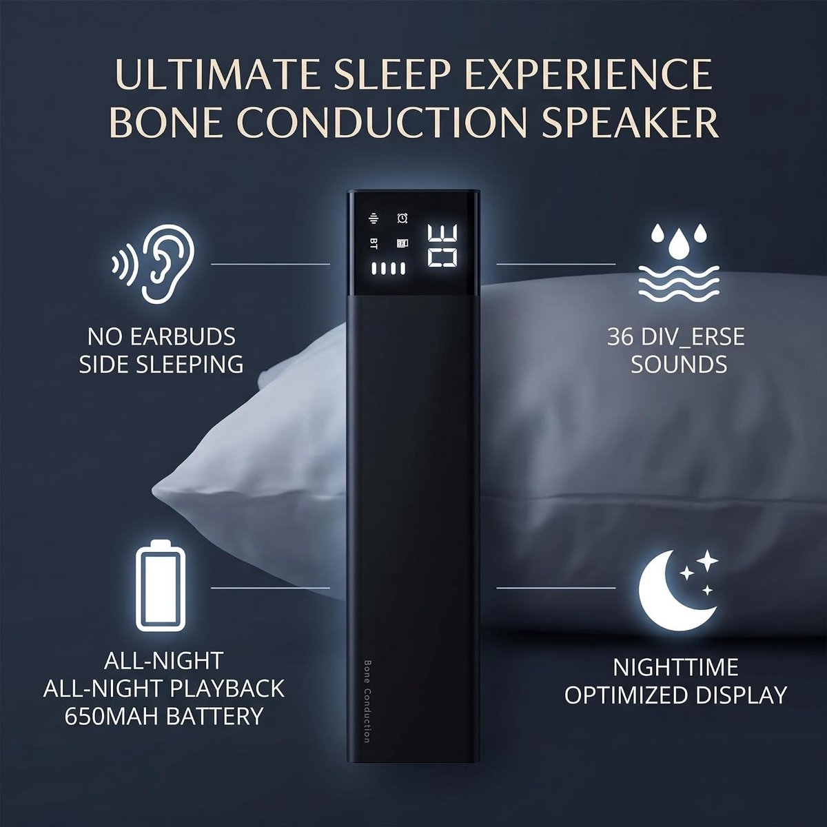 Conduction slaapkussen met Bluetooth, witte ruis en 36 ontspannende geluiden voor beter slapen, inclusief geïntegreerd display en oordopvriendelijke speaker