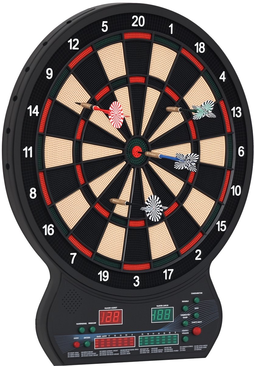 Target elektronisch dartbord met 27 hoofdspellen en 202 variaties - voor maximaal 8 spelers - inclusief 12 softtip darts - 30 reservepunten en een zwart LED - display.
