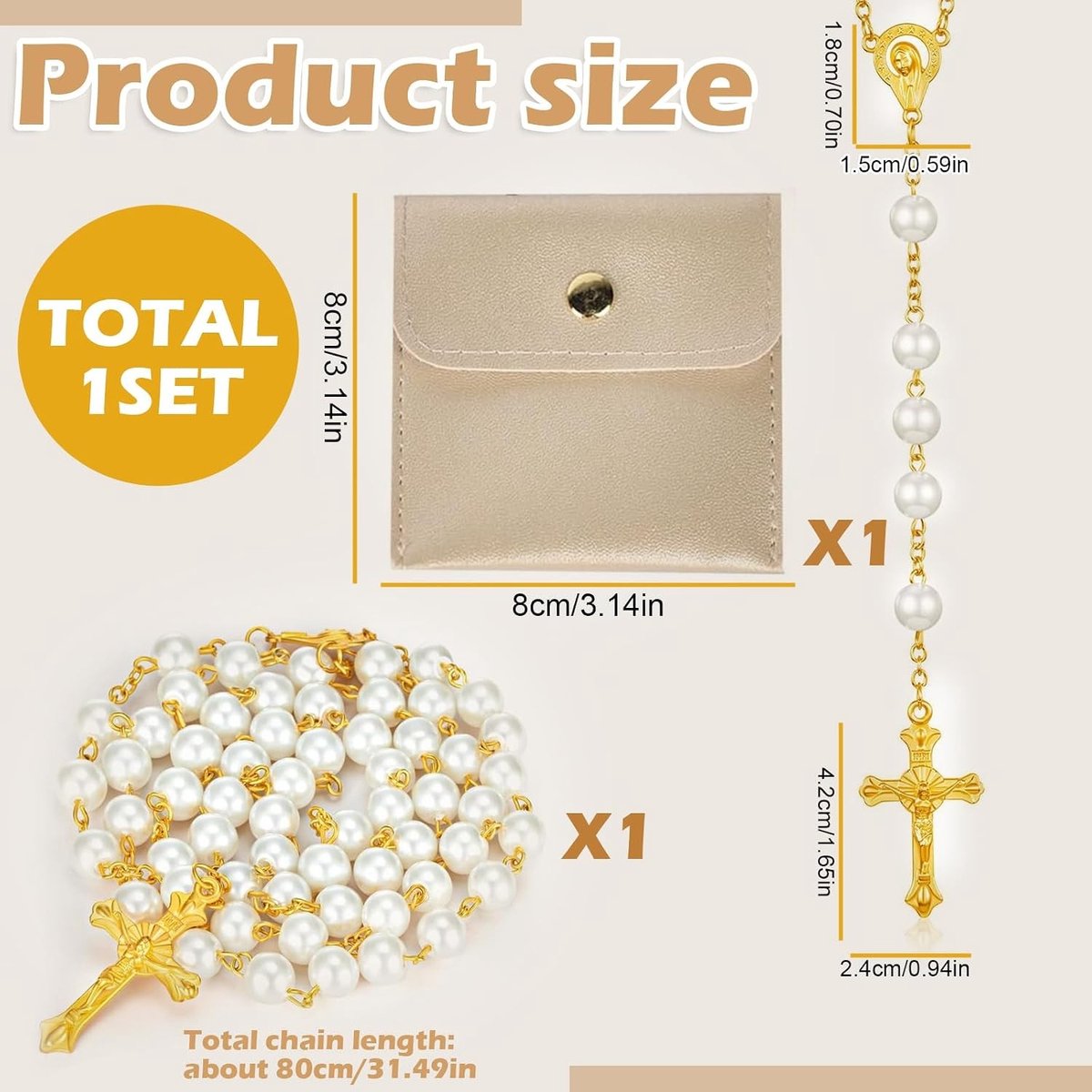 Kruisjesketting van 80 cm met 6mm kralen - Spiritueel accessoire voor meditatie, eucharistie en dagelijks gebed in PU geschenkverpakking