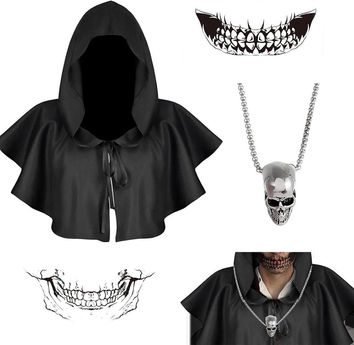 Zwarte Cape voor Halloween in Middeleeuwse Stijl met Hoed, Skelet Sieraden en Tattoos – Unisex, Ideaal voor Feesten en Cosplay – 1 Stuk, Zwart