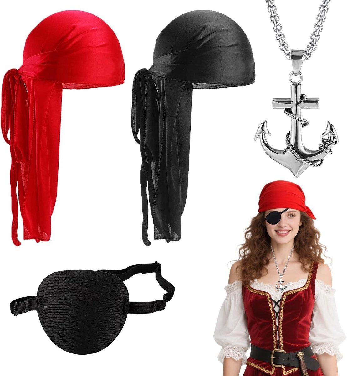 Piratenkostuum Accessoires Set - 4 Delige Bandana, Oogmasker, Anker Ketting voor Halloween en Verkleedfeestjes