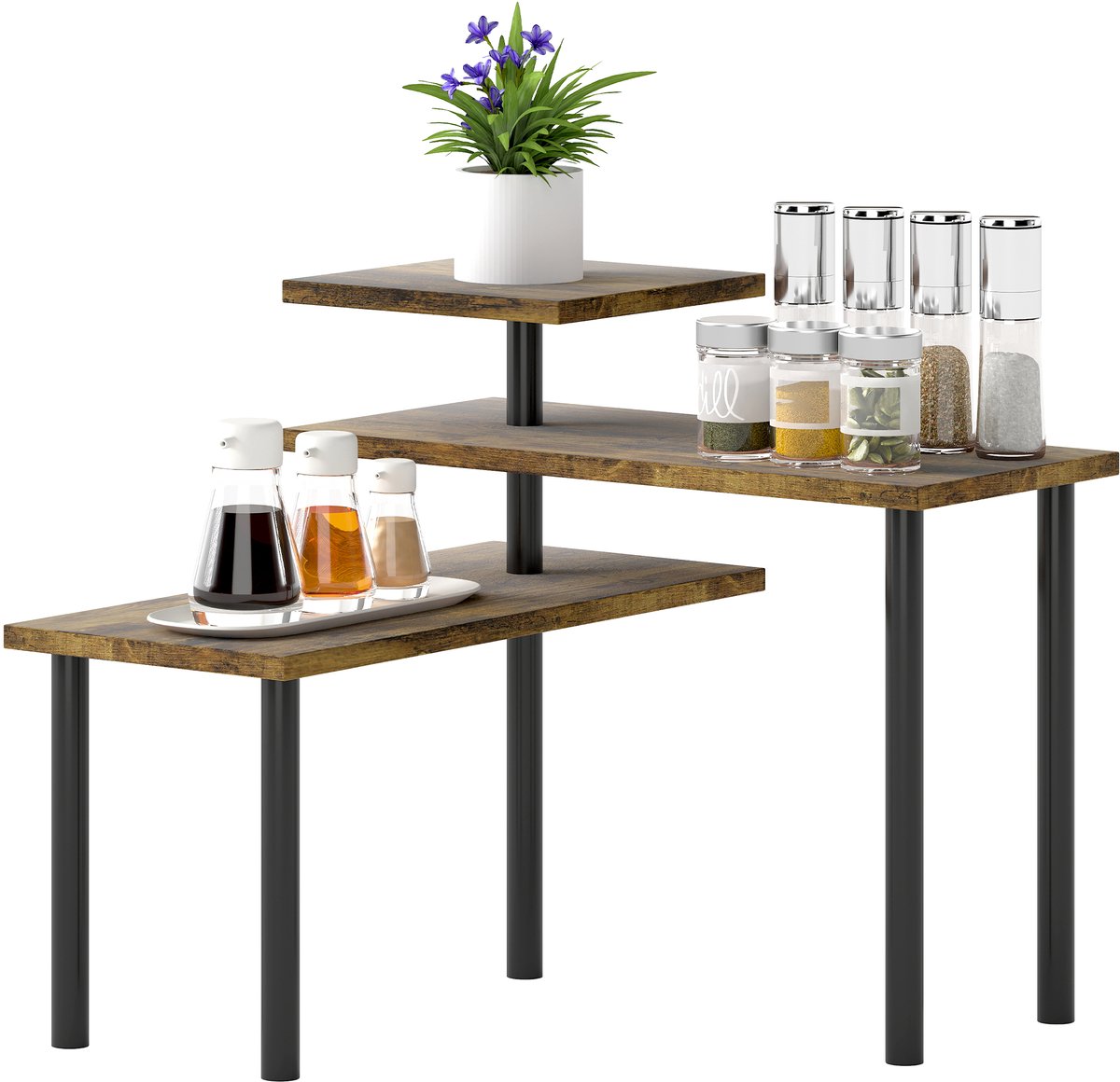 Draaibaar keukenrek met 3 niveaus - hoekrek - metalen frame - 40 x 18 x 36 - 5 cm - rustiek bruin