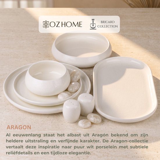 OZ Home Bricard Aragon Serviesset 27-delig Wit - Porseleinen Servies voor 6 Personen - Organische Bordenset met Reliëf, Serveerschaal en Zout- & Peperstel — afbeelding 2