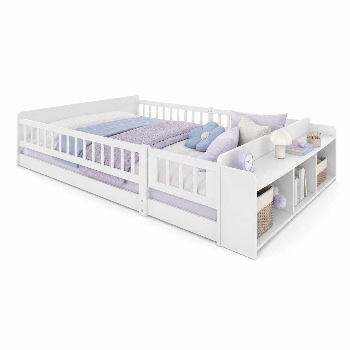 WUVRIE Kinderbed 140x190 cm met opbergruimte, veiligheidshekje en lattenbodem, wit, zonder matras