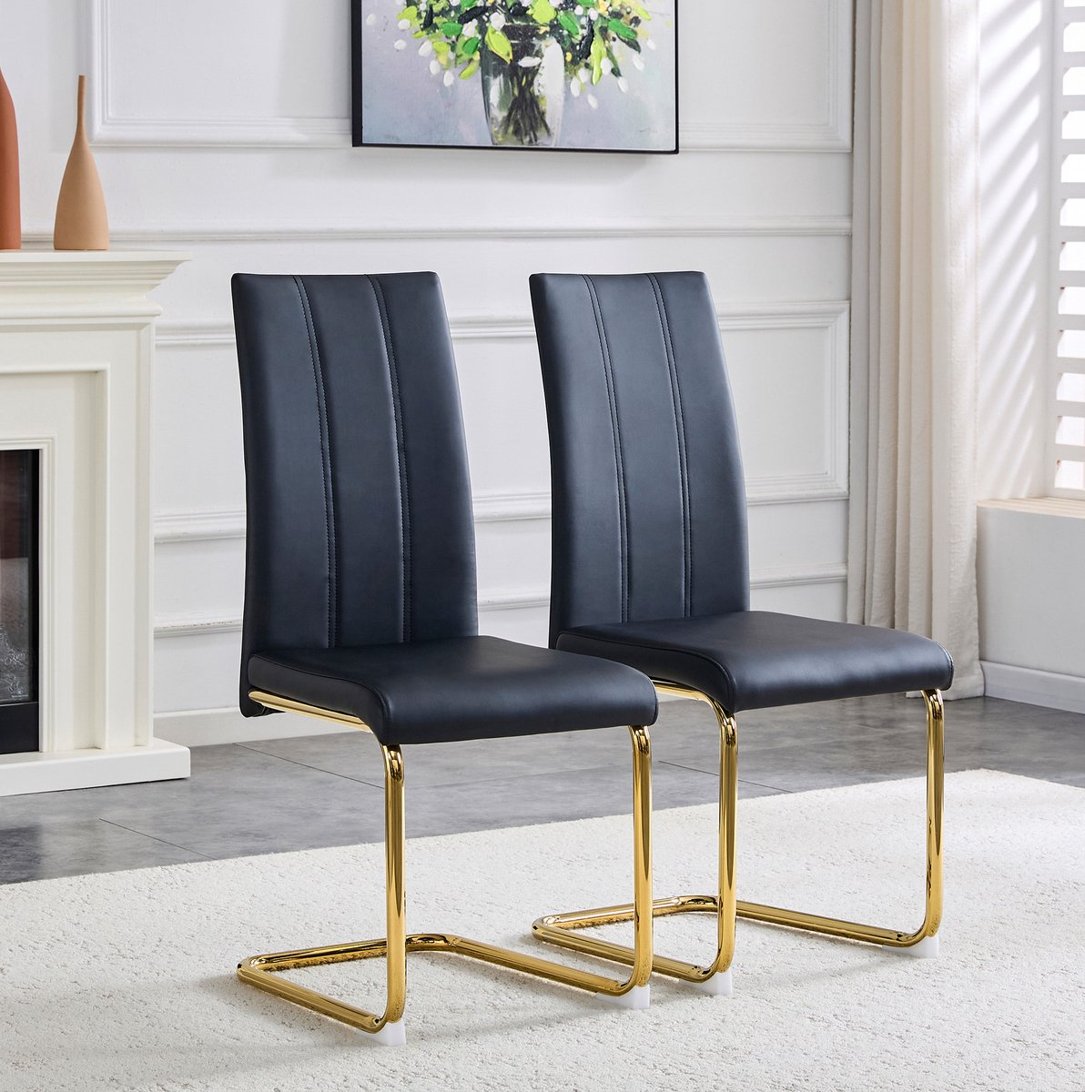 DESMIU Eetkamerstoel – Set Van 2 – Zwart PU-Leer Met Gouden Metalen Frame – Hoge Rugleuning Voor Eetkamer, Keuken En Bureau – Kunstleer – Zwart