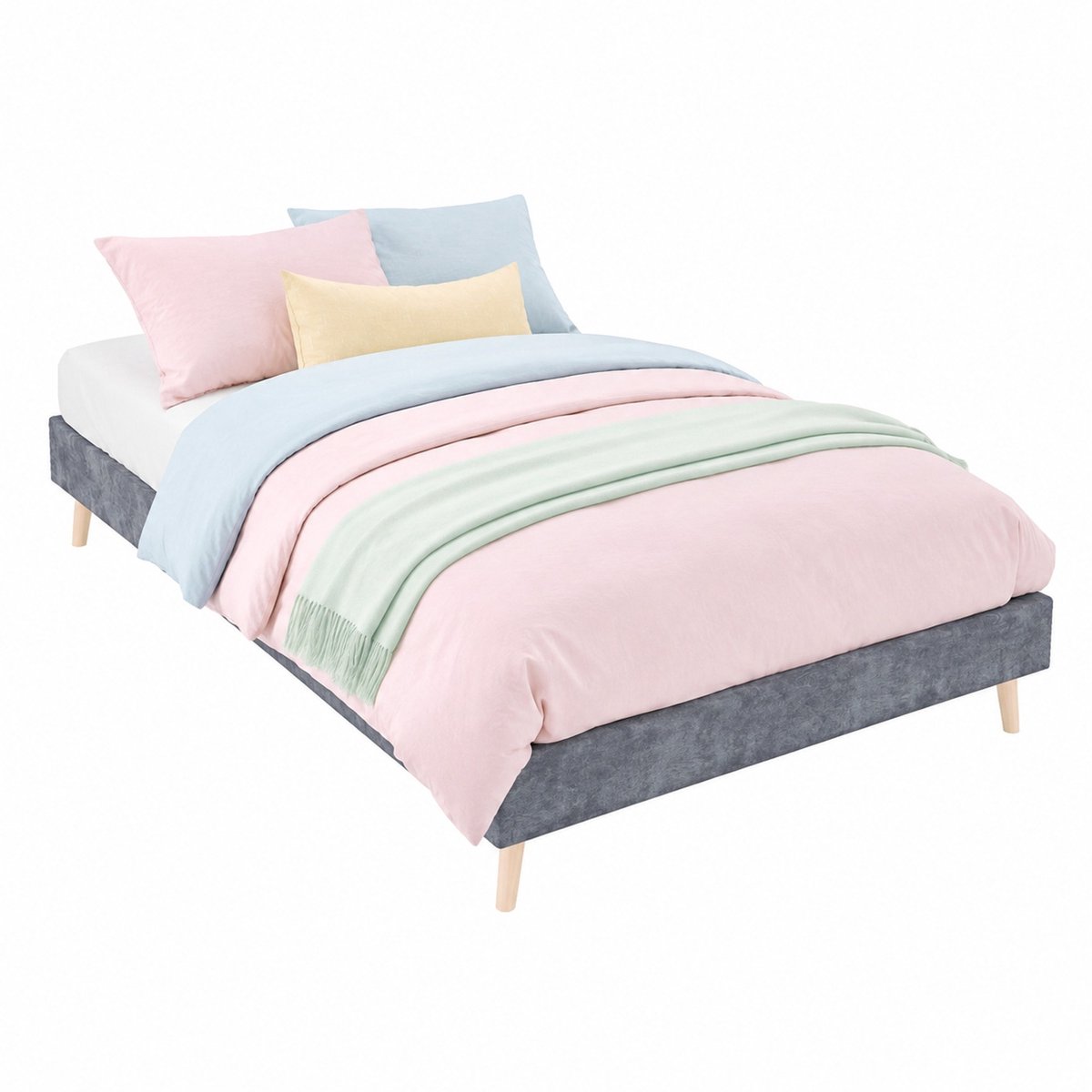 WUVRIE Bedframe 90x200 cm grijs, laag model met lattenbodem en houten poten, zonder hoofdbord