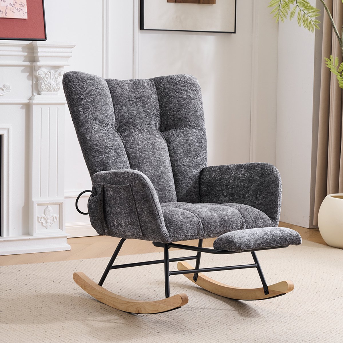 Wishdor Schommelstoel - Hoge rugleuning en armleuningen - Met voetsteun en zijvak - Scandinavisch & basic - Woonkamer slaapkamer kantoor - Stof en hout - Donkergrijs - 63 x 92 x 89 cm