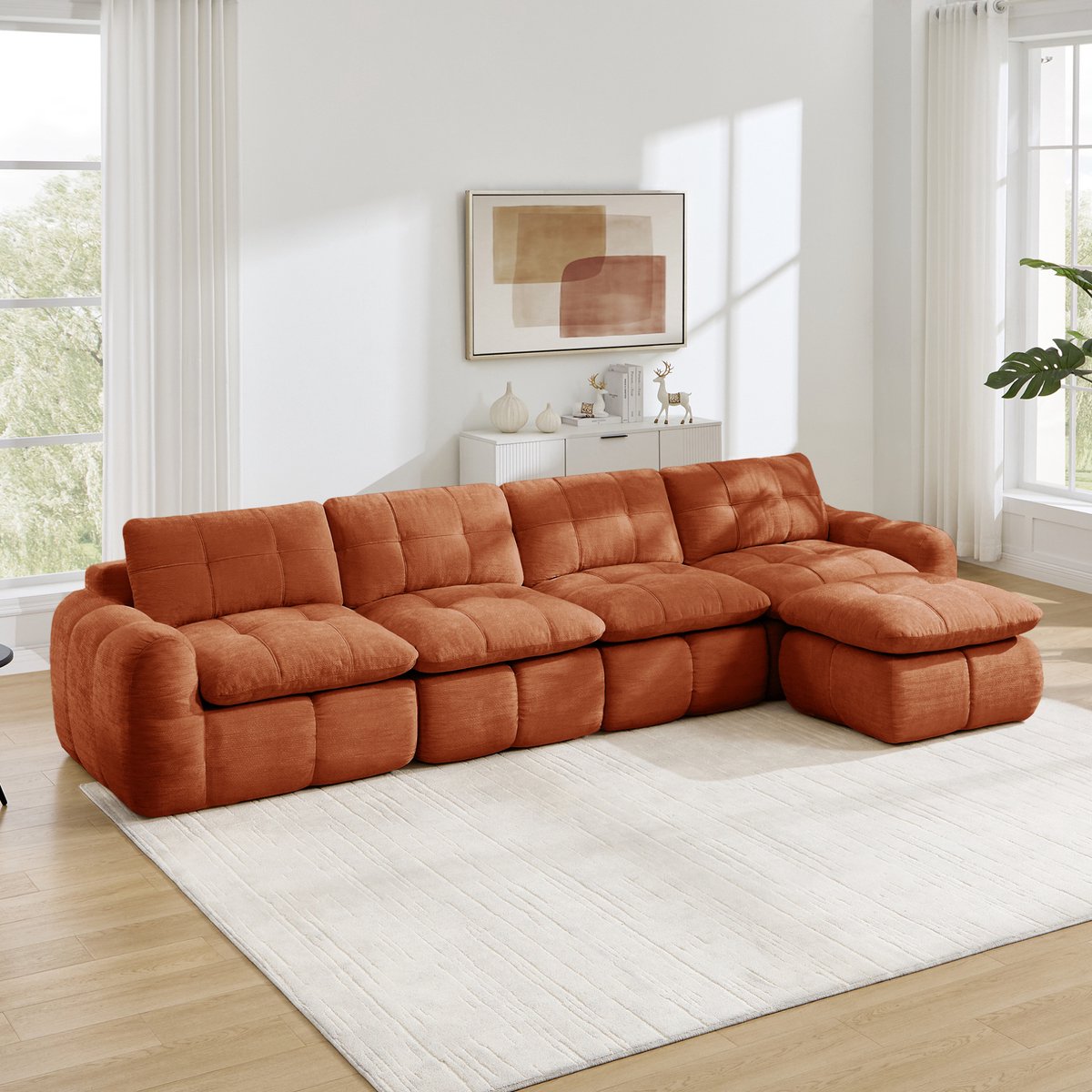 Wishdor Hoekbank - L-vormig 4-zits met ottoman - Modulair en vrij plaatsbaar - Moderne stijl - Woonkamer appartement - Stof - Oranje - 334 x 160 x 68 cm