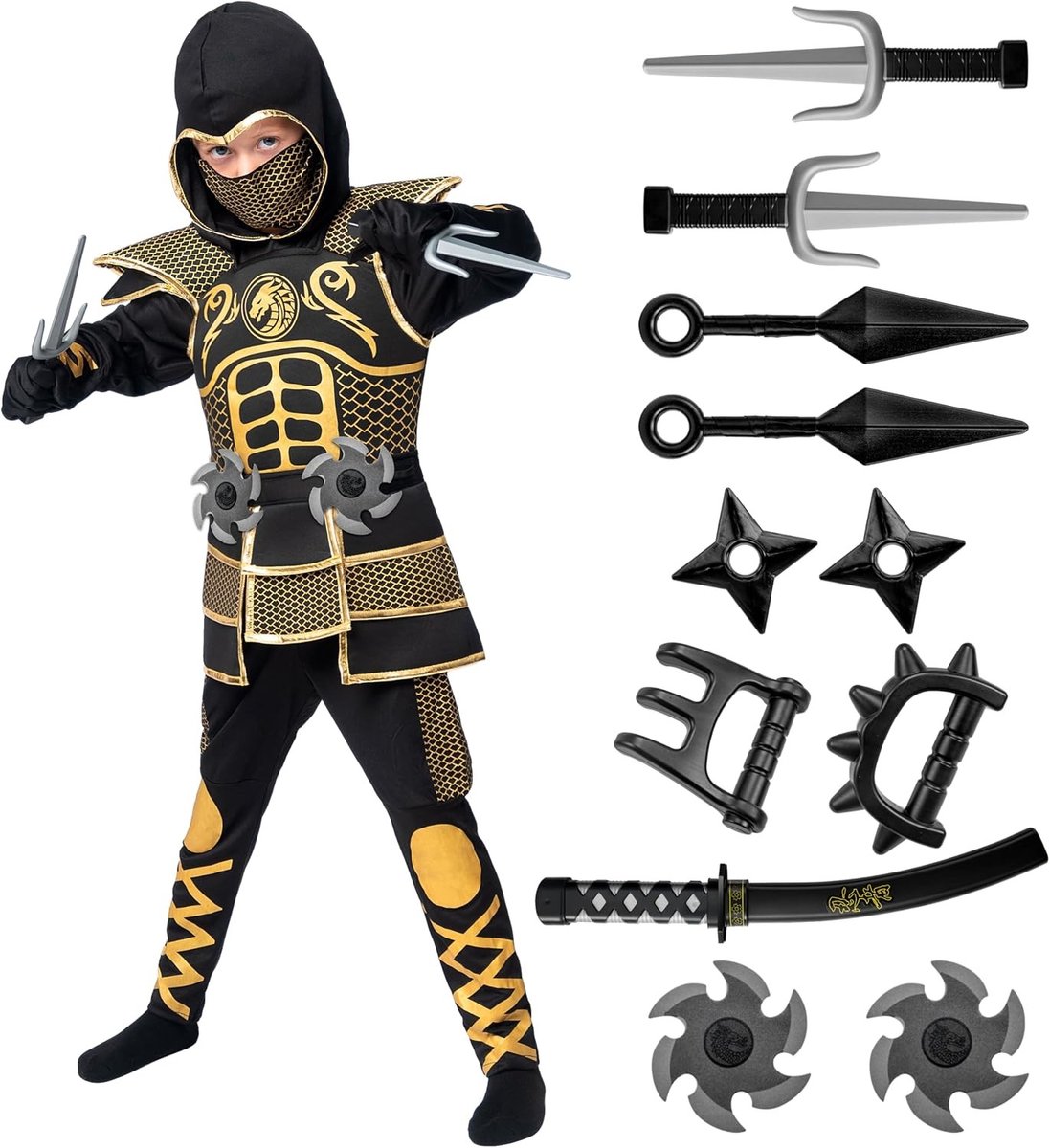 Gouden Ninja Kostuum voor Jongens met Leggings en Patroon voor Halloween en Verkleedfeest 3 jaar